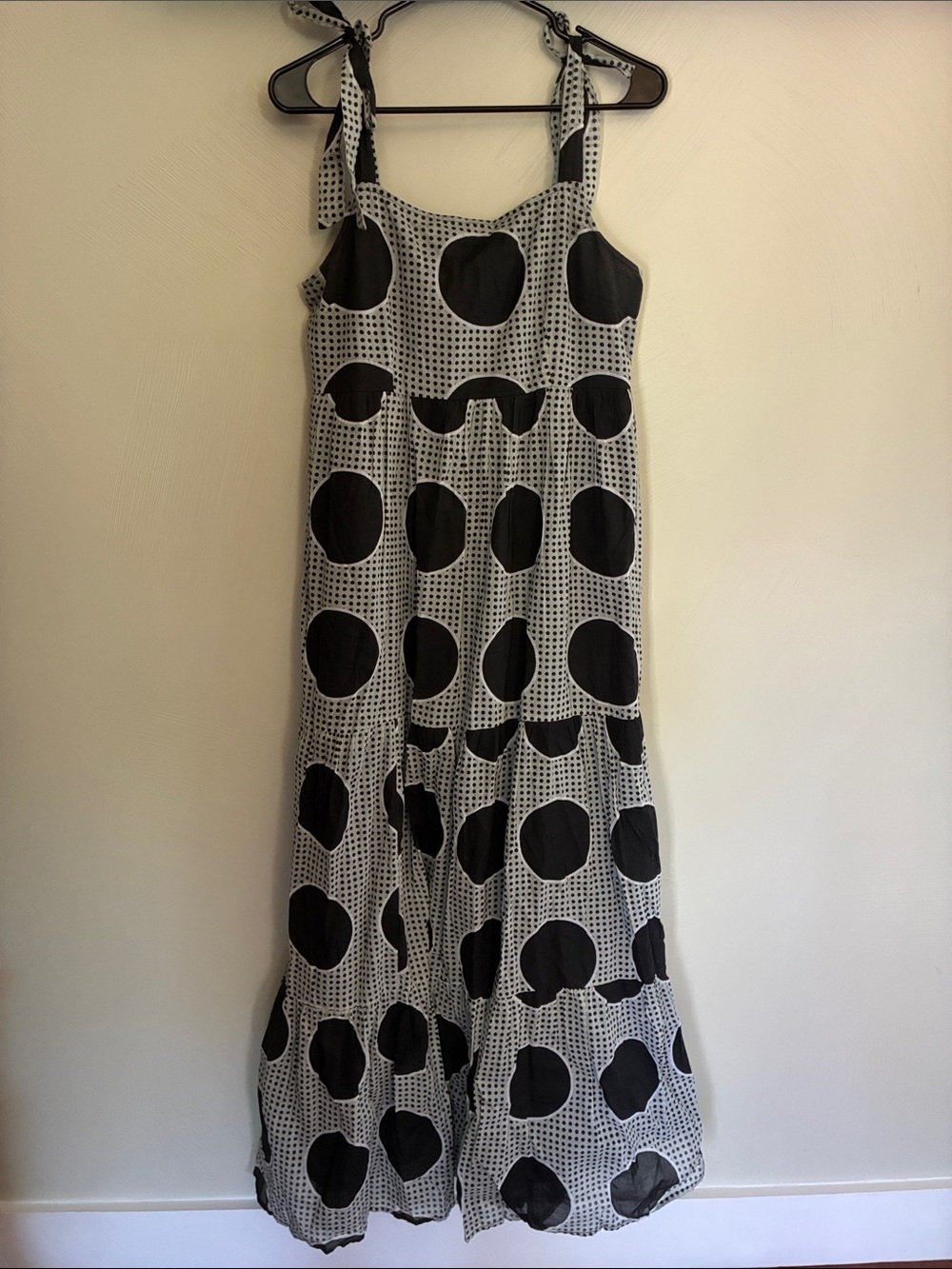 Carly Jean Los Angeles Black & Gray Cotton Polka Dot Tie-Shoulder Maxi Dress L - Picture 4 of 11